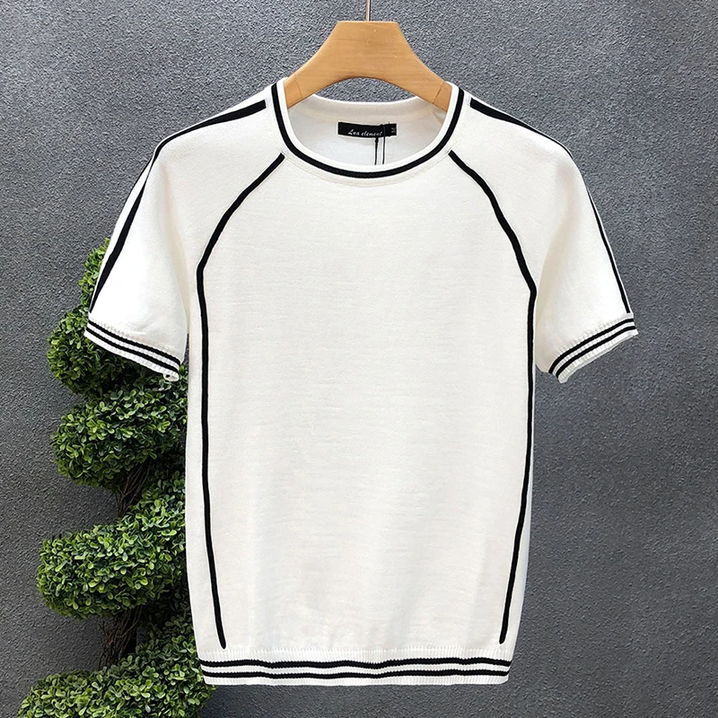 

Elastic Slim Knitted Tops Men Fashion Patchwork Striped Knit Tees Summer Leisure T-shirt Mens Streetwear Short Sleeve T Shirts
