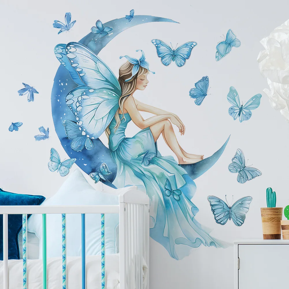 Сказочная Луна бабочка Настенная Наклейка для маленьких девочек спальня