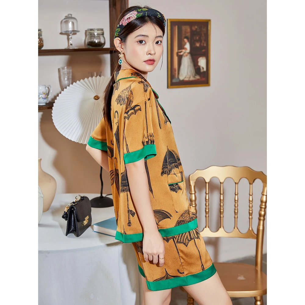 Maison Gabrielle 2022 Summer Chinoirserie Printed Pajamas Set Loungewear Sleepwear for Women 2 Pieces Silk Vintage Short Sleeves