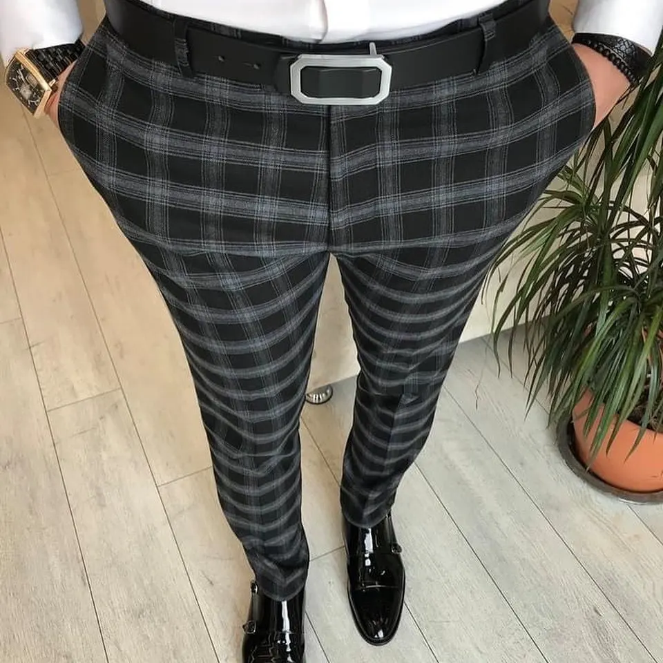 

Брюки-Карандаш мужские в клетку, модные деловые облегающие штаны с принтом, повседневные длинные брюки со средней талией, уличная одежда, ве...