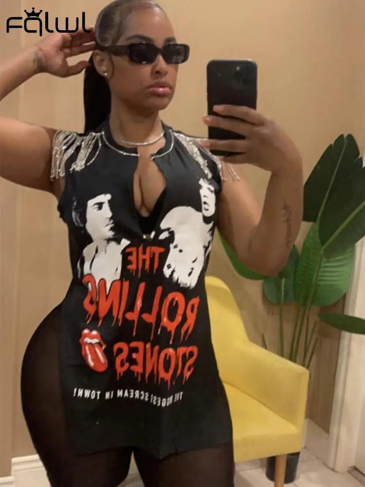 

FQLWL Летние повседневные Черные футболки с графическим рисунком и кисточками, Женская майка, сексуальные модные футболки без рукавов с принт...