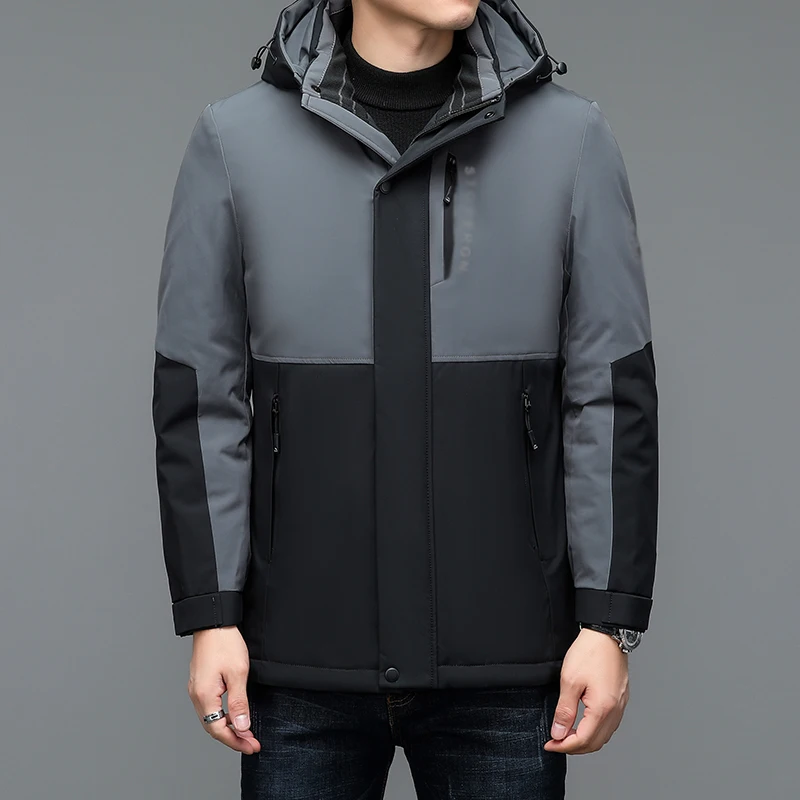 

Men Basic Hooded Puffer Parkas Black Grey Colour Block Patchwork Design Thick Thermal Puff Overcoat Lining Detachable Warm Coat