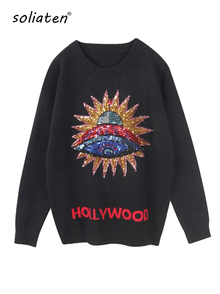 

Women New Vintage 3D UFO Sequins Warm Sweaters Long Sleeve O-Neck Pullovers Winter Autumn Knitted Retro Tops Blusas C-038