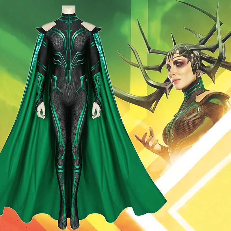 Marvel Thor 3 Ragnarok Supervillain Hela Cosplay Costume Jumpsuit Bodysuit Cloak Halloween Cosplay Costumes for Aldult Women