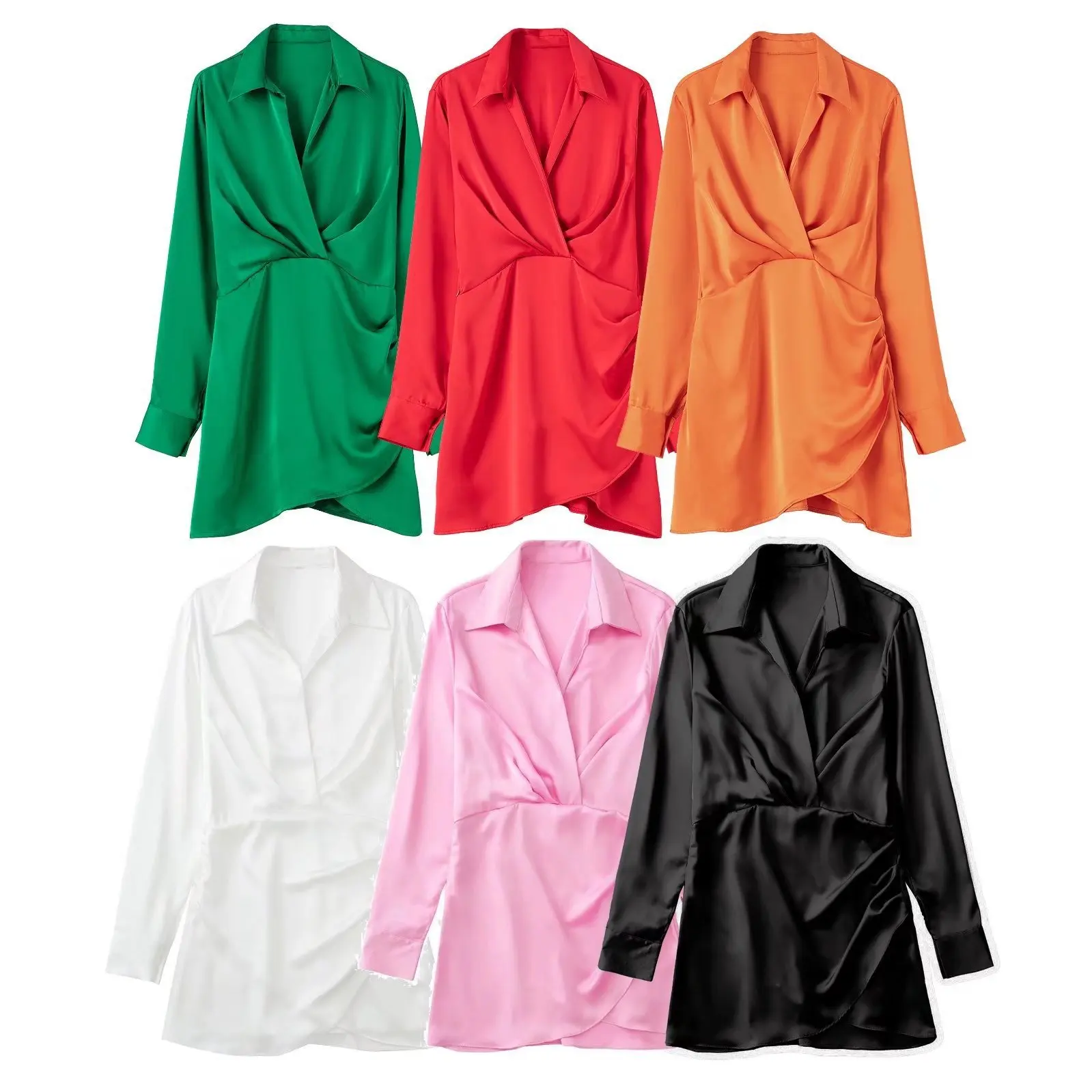 

Европейское и американское модное однотонное шелковое атласное короткое платье с отложным воротником и длинными рукавами, лето 2022