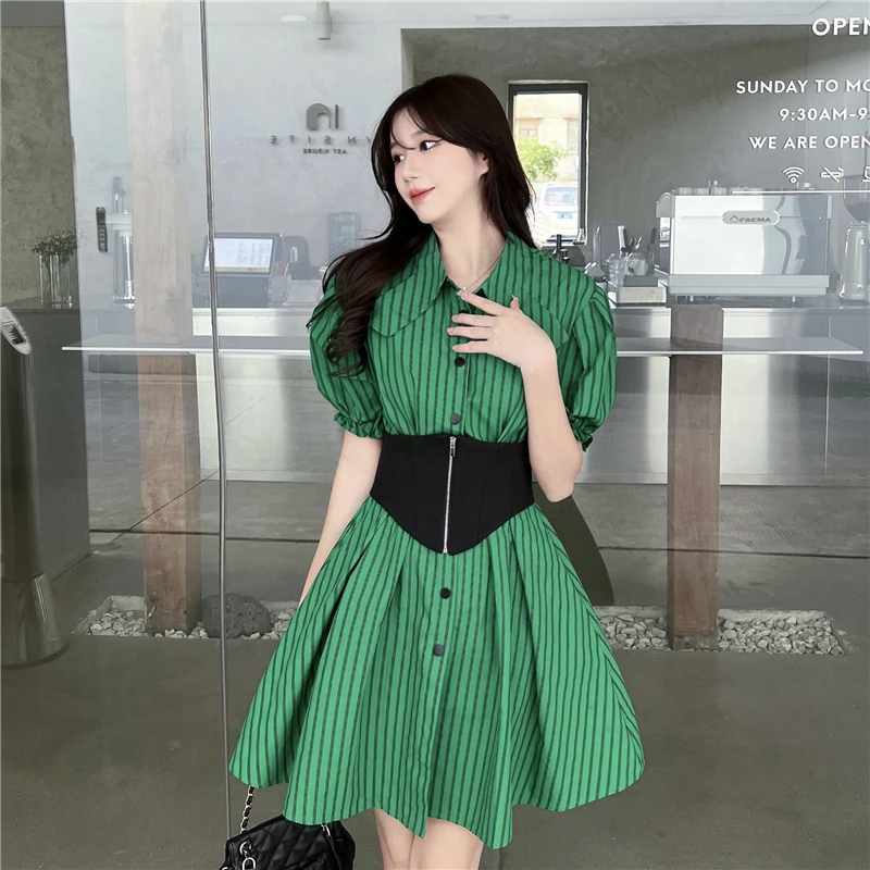 

2022 Women Summer Retro Style Green Striped Shirt Dress Lapel Short-Sleeved Dresses with Waistband