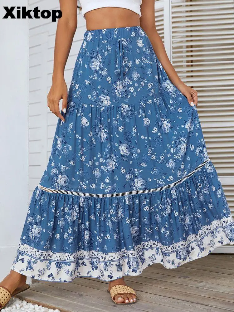 

Xiktop Bohemian Long Skirt Women Summer Floral Print A-Line Maxi Skirt Female Patchwork Bandage Holiday Loose Beach Skirts Sets