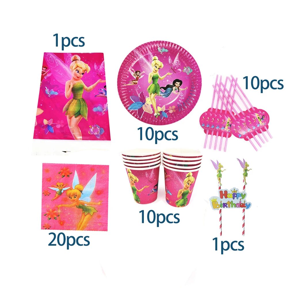 

52Pcs Princess Tinkerbell Bell Disposable Tableware Baby Shower Tinker Bell Birthday Party Plate Cups Straw Napkin Decoration