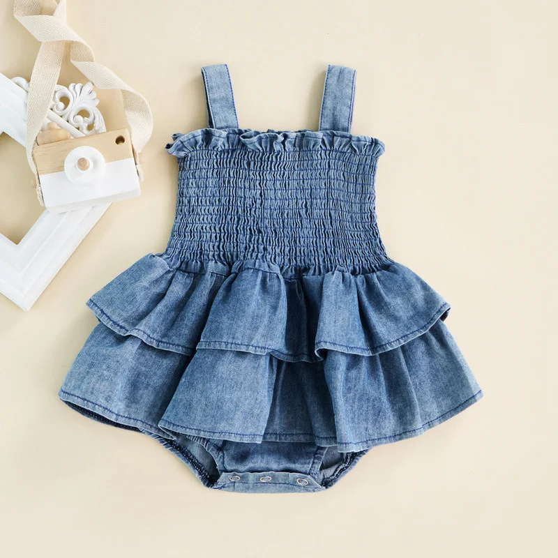 

0-18 Months Baby Girl Romper Sleeveless Suspender Pleated Design Ruffle Hem Bottom Snap Button Cute Jumpsuit