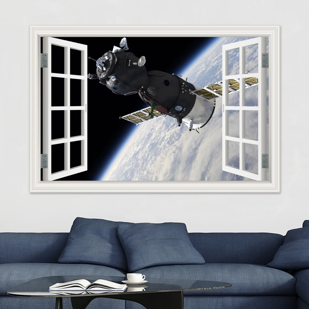 

3d Window Sticker Landscape Wall Decal Satellites and Space Stations Wallpaper Window View Vinyl Home Decoration Living Room