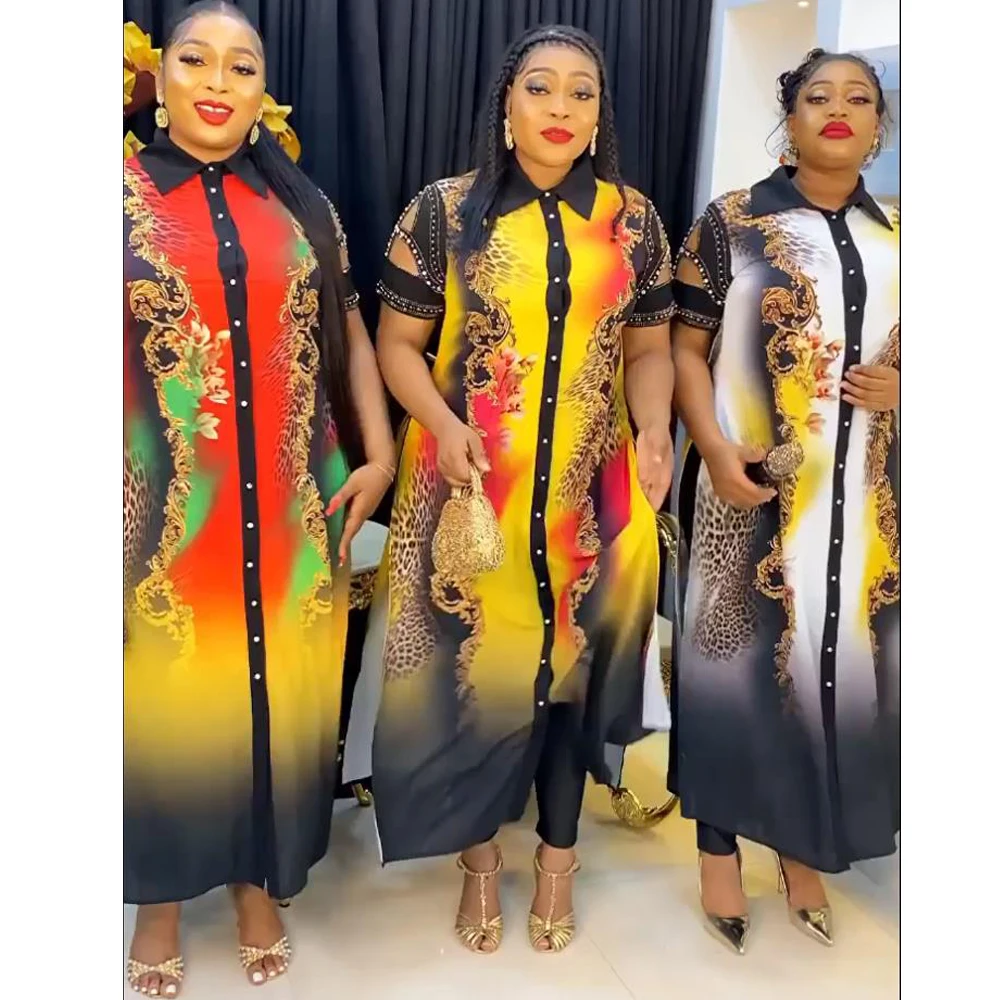 

African Ankara Dashiki Print Dresses Plus Size Women Short Sleeve Shirt Dress Traditional Boubou Office Wears Vetement Femme