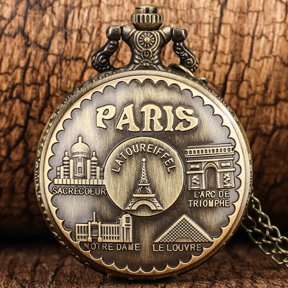 

Eiffel Tower Relief Engraved Bronze Necklace Watch Men Women Quartz Movement Vintage Chain Pendant Pocket Clock Souvenir Gifts