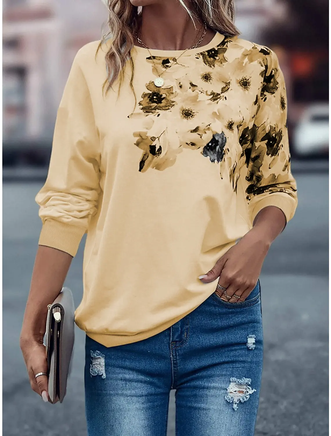 

Женский свитшот, пуловер, винтажный спортивный базовый белый желтый розовый цветочный Повседневный праздничный топ с круглым вырезом и длинным рукавом, микро-эластичный