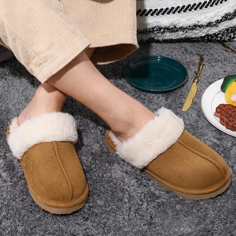 Shevalues Winter Women Furry Slippers Warm Plush Slippers Men Fashion Indoor Outdoor Fluffy Suede Mules Non-slip Cotton Shoes