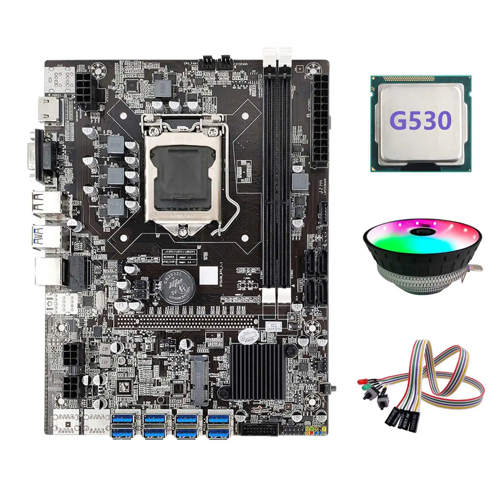

B75 ETH Mining Motherboard 8XPCIE to USB+G530 CPU+Dual Switch Cable with Light+RGB Fan LGA1155 B75 USB Miner Motherboard