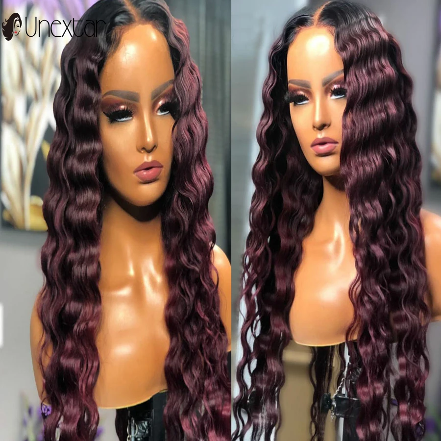 Dark Red Color Brazilian Remy Human Hair Hd Lace Frontal Wig Preplucked Hairline 13x4 Lace Front Deep Wave Wigs For Women