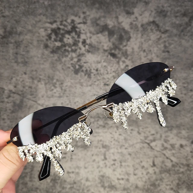 Small Oval Rimless Tear Shape Rhinestone Sunglasses With Stone Brand Designer Punk Diamond Sun Glasses Gafas De Sol 3
