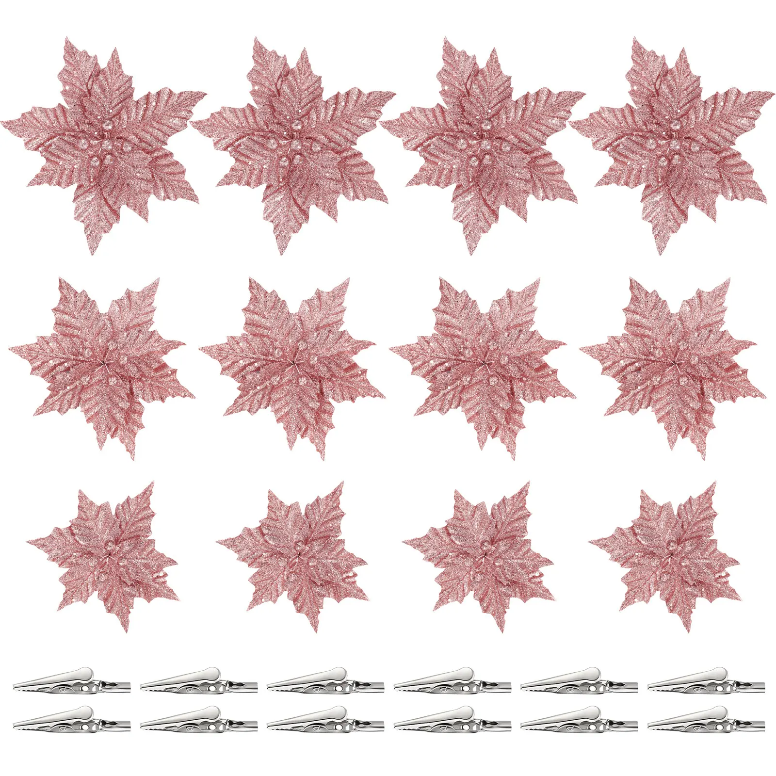 

Flowers Christmas Artificial Poinsettia Tree Flower Decorations Glitter Fake Xmas Decor Ornaments Poinsettias Red Clips Stem