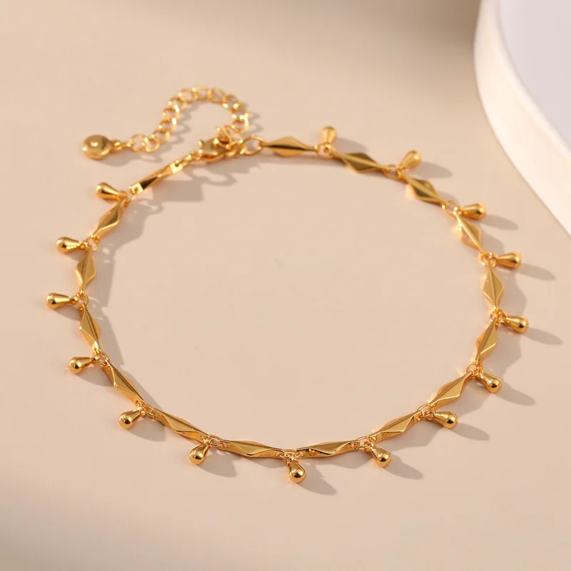 

Elegant 18k Gold Plated Metal Geometric Quadrilateral Shape Chain OL Anklet Fashion Women Anklet with Water Drop Pendant