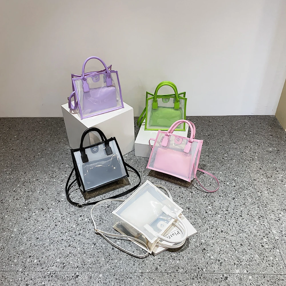 

Transparent PVC Handbag+PU Candy Jelly Totes Shoulder Women Travel Shopping Bag Stylish Shoulder Bags Streetwear