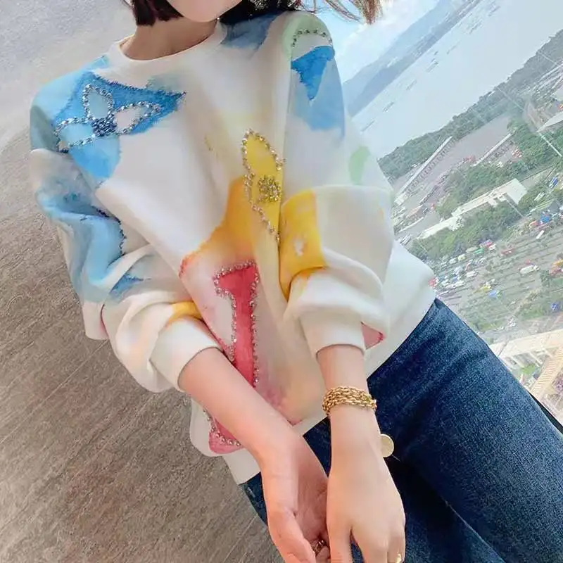 

Sweatshirt Women Ink Gradient Printing Diamond Round Neck Space Cotton Long Sleeve Anime Hoodies Pullovers Casual Streetwear