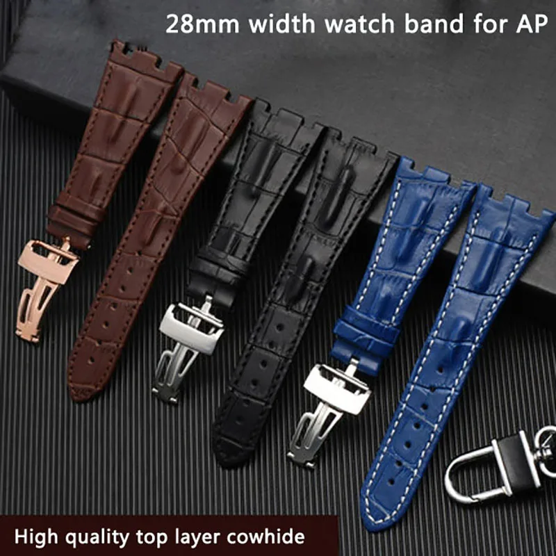 Leather Watch bands original size notch bracelet for Audemars  AP Royal Oak Offshore AP15710 15703 28mm folding buckle