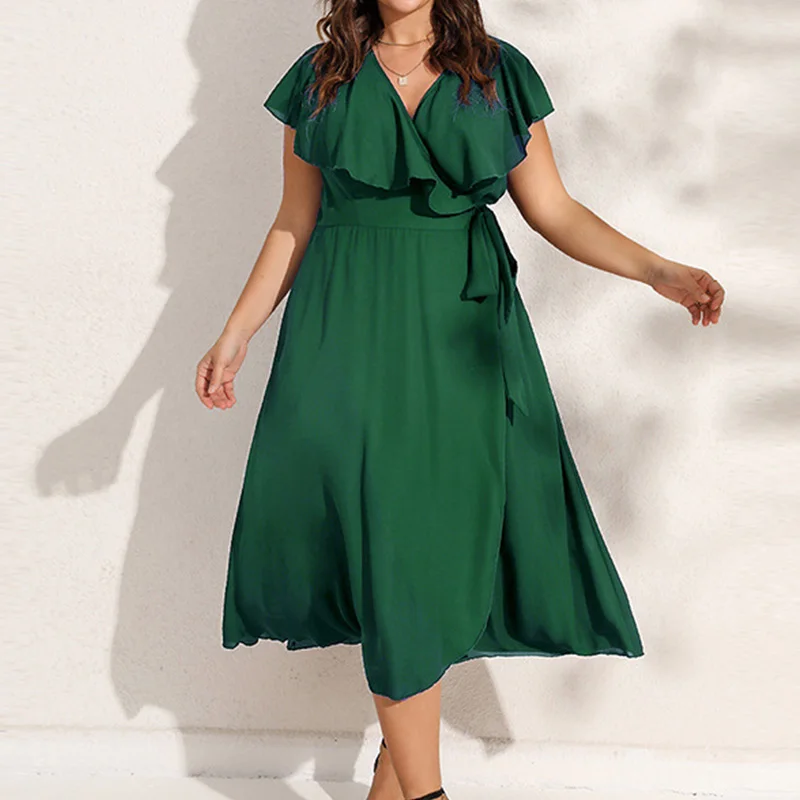 Summer Women's Clothing Evening Party Sexy V-Neck Solid Color Patchwork Ruffles 3/4 Sleeve Folds Plus Size A-line Mid-Calf Dress