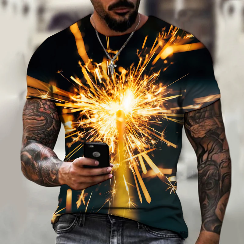 

Men's 3D Printed T-shirt, Oversized Loose Fitting Shirt, Fireworks Design, Festive Atmosphere, Fashion Trends,streetweart-shirts