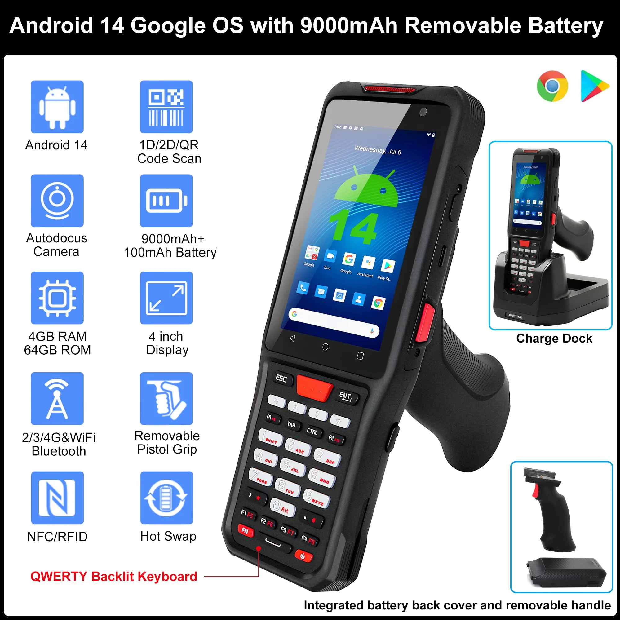 Фото Портативный КПК на Android 14 со сканером штрихкодов, защищенный терминал сбора данных T14, процессор MTK MT6789 G99, аккумулятор 9000 мАч с горячей заменой, водонепроницаемость IP67 №2