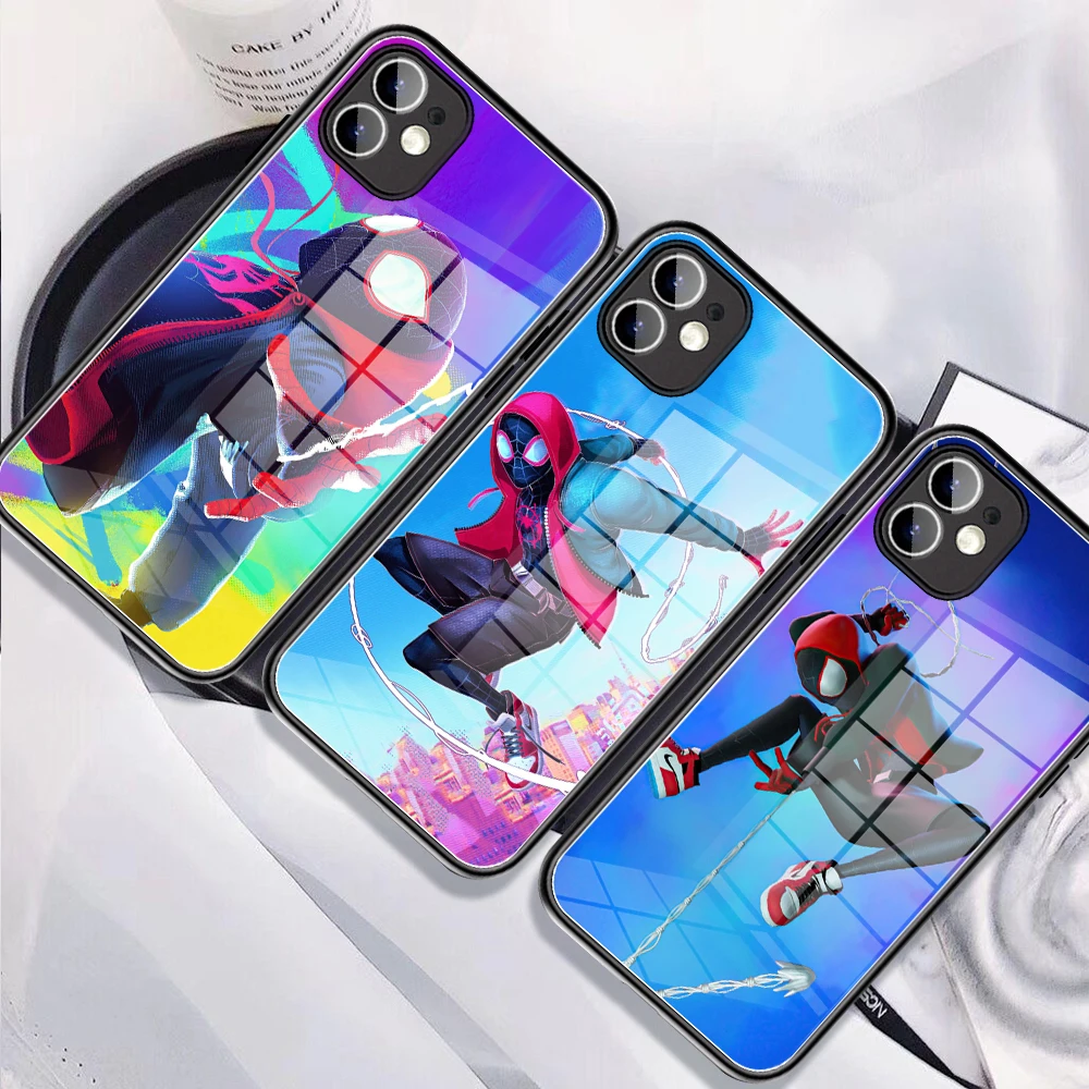

FOR IPhone 14 Miles Morales Tempered Glass Phone Case FOR IPhone13 11 12 Pro 8 7Plus X Pro MAX XR XS 13 MINI Cartoon Man Covers
