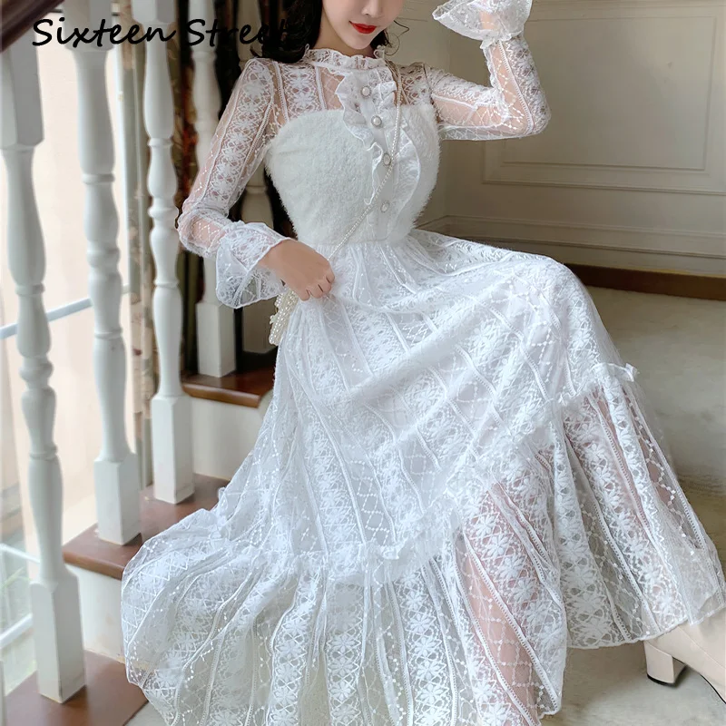

2023 New Woman's Dress White Lace Patchwork Long Sleeve Sweet Casual Maxi Dress Female Party Autumn Vestido Beading Button