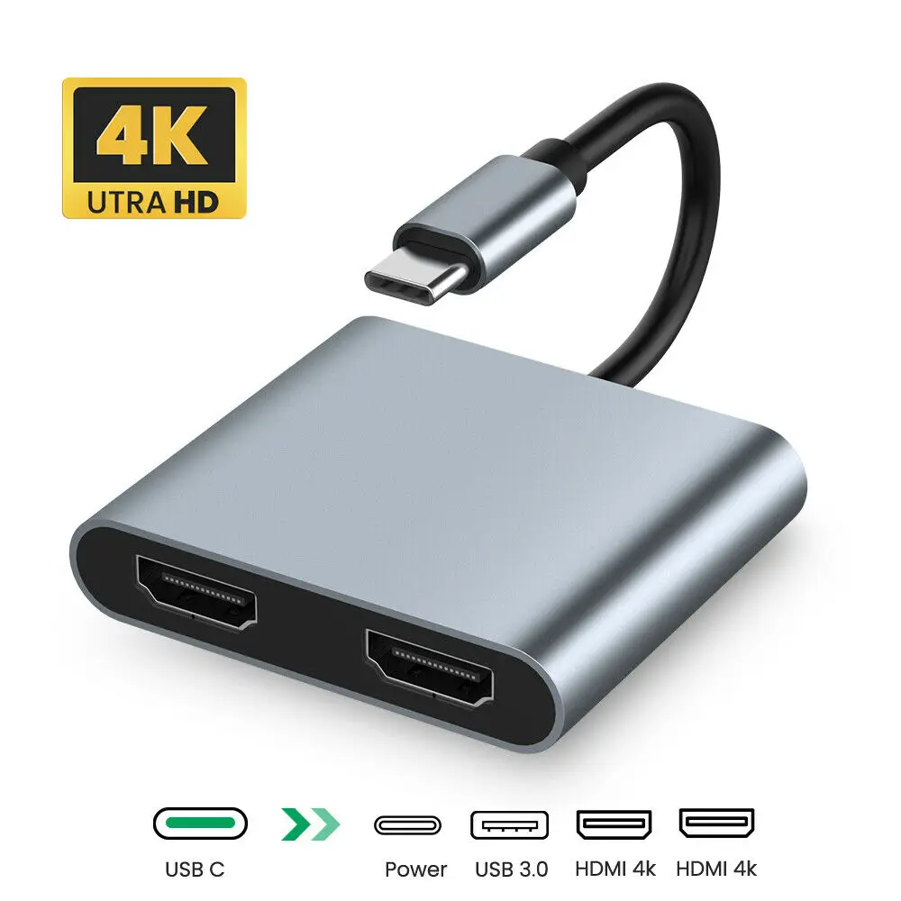 

4 in 1 USB C to Dual HDMI Adapter 4K USB 3.0 Type C HUB Converter Port PD Charge