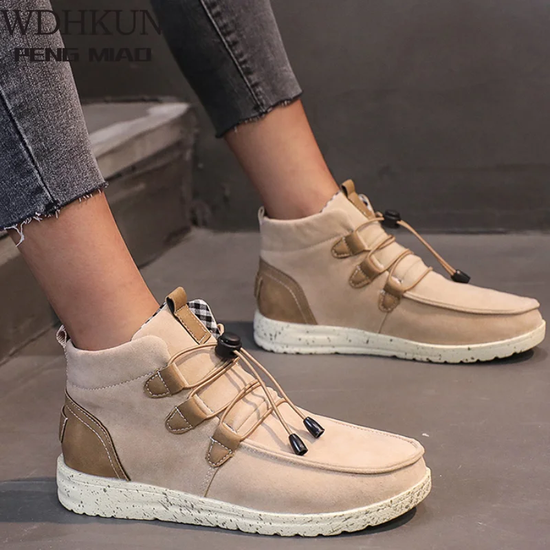 

New Woman Lace Up Flock Footwear Ladies Casual Sewing Female Shoes Plus Size Women Ankle Boots Winter Women's Warm Flats