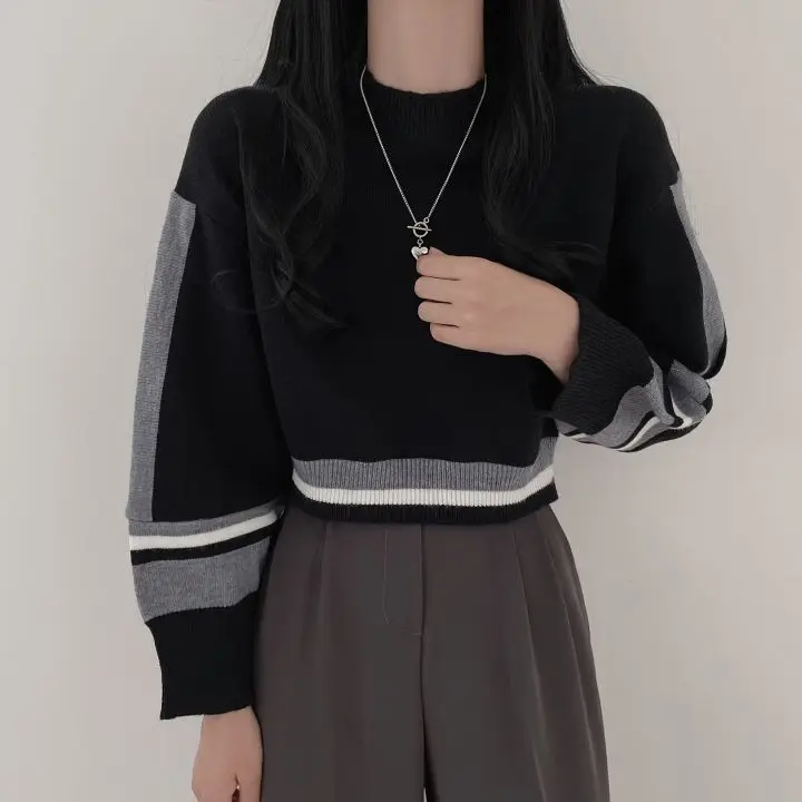 Короткий стильный женский свитер с цветными блоками Свободный вязаный пуловер