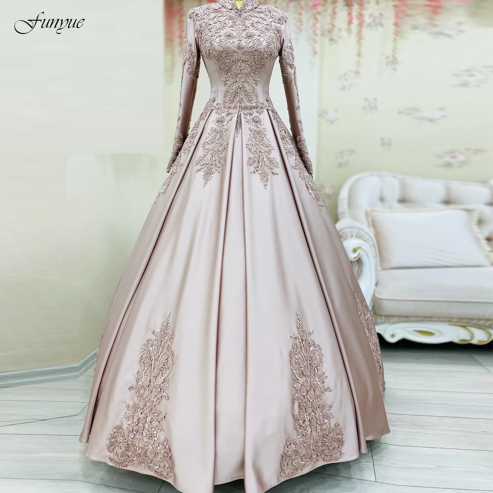 

Abendkleider 2022 Muslim Evening Dresses Dubai Arabic Robe De Soirée De Mariage Lace Satin Ball Gown Long Sleeves Formal Dress