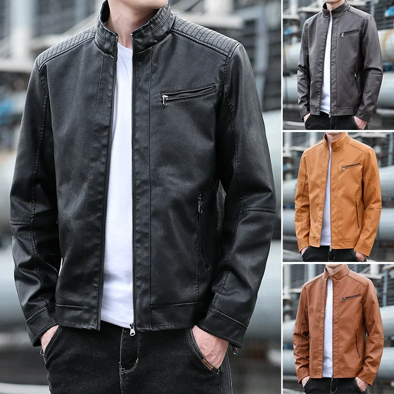 Мужская кожаная мотоциклетная куртка повседневная из искусственной кожи