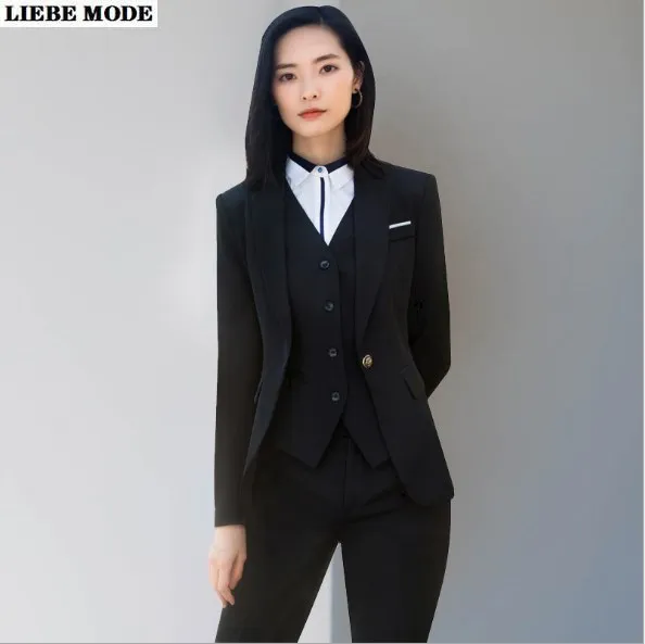 Women's Three Piece Set Pants Suits for Business Women Office Blazer Vest and Pants Ladies Black Blue 3 Pieces Pants Skirts Suit