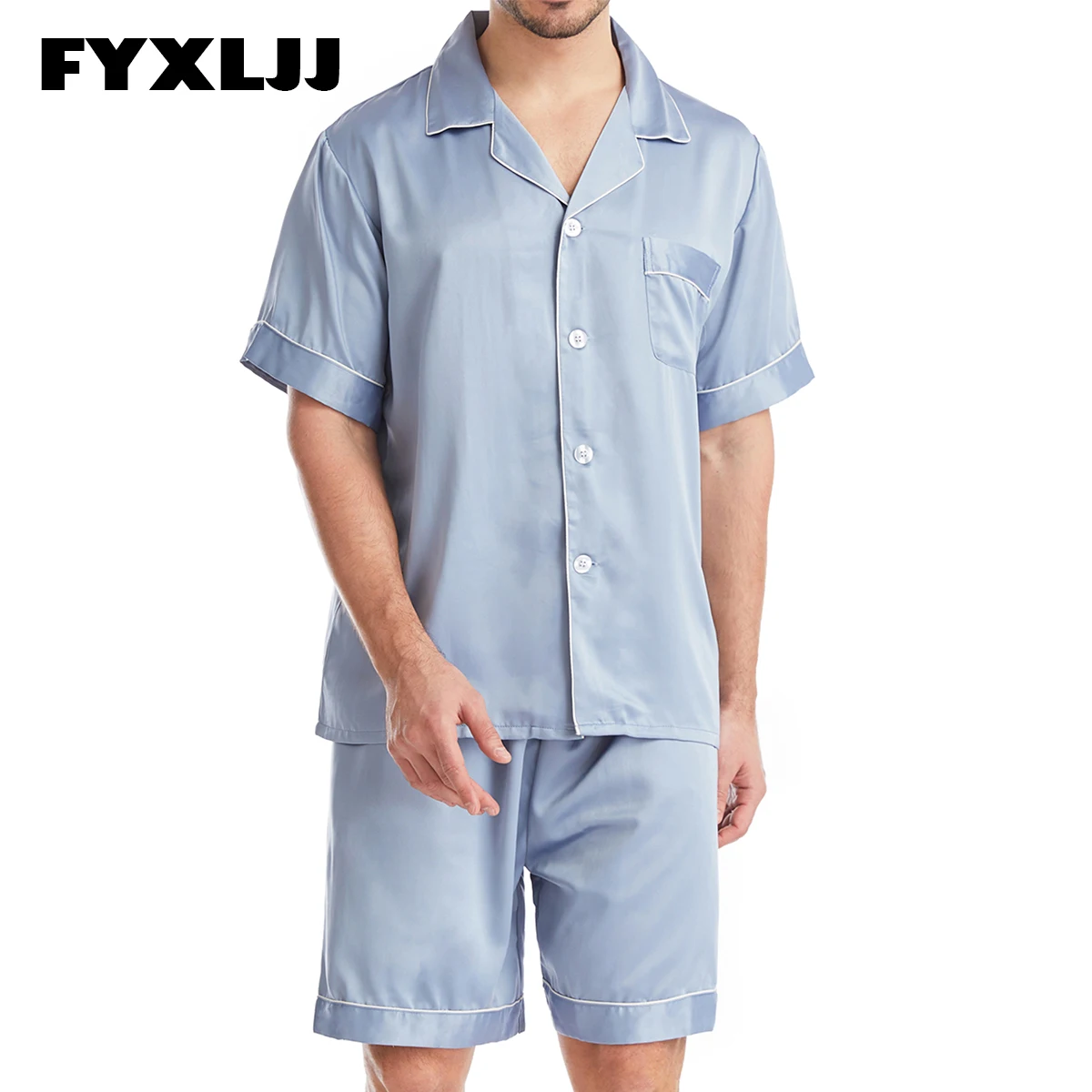 FYXLJJ Men Fahion Summer 2Pcs Pajamas Suits Sets Satin Silk Short Sleeve Thin Sleepwear Nightwear Male Casual Homewear Tops+pant
