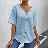 black women blouses chic short sleeve casual thin summer tops v neck loose ladies shirts