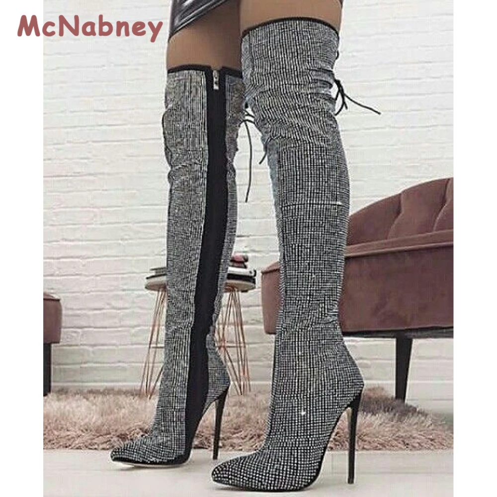 Rhinestone Women's High Boots Pointed Toe Over The Knee Boots Women Boots Lace Up High Heels Sexy Stiletto Ladies Party Shoes