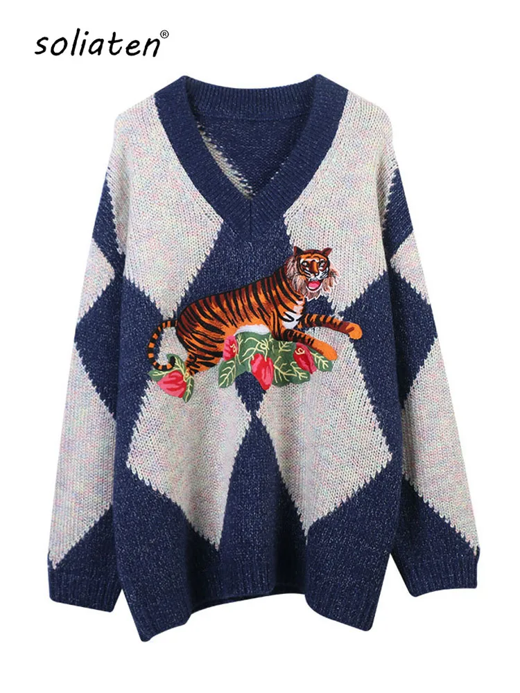 

Harajuku Vintage Streetwear Sweaters Women Pullover Pattern Knitted Jumpers Autumn Couple Casual Loose Top C-052