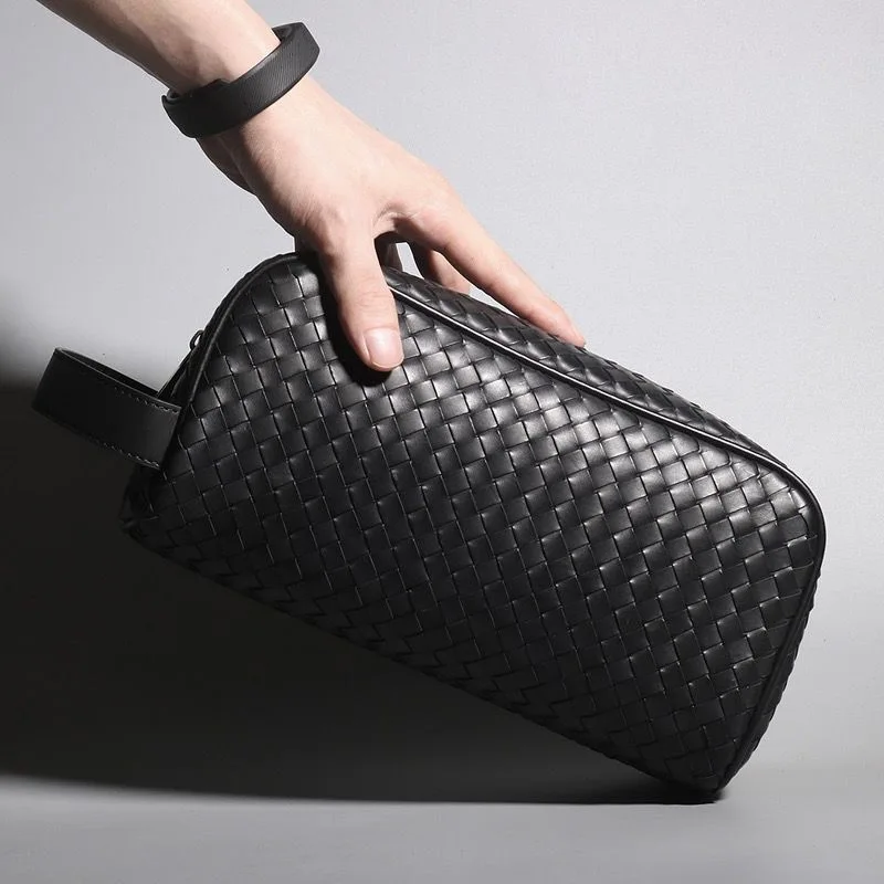

Luxury Brand Men Clutch Bag Genuine Leather Weaving Zipper Wallet Large Capacity Handbag Black Fashion Simple Storage Bag Korean