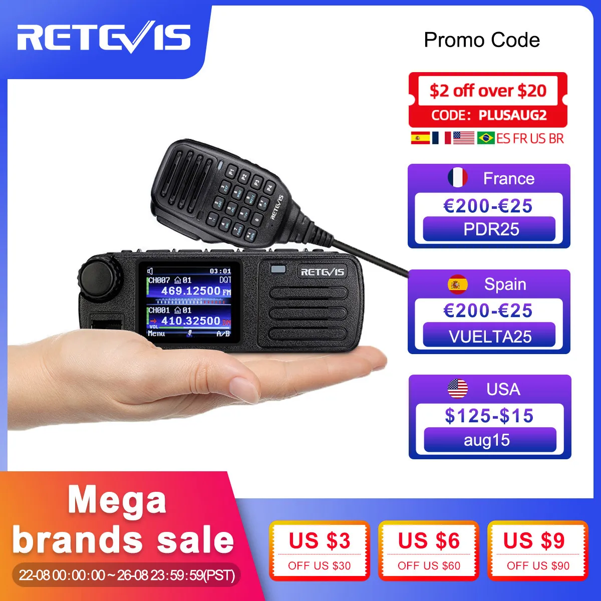 Ham Car Two-way Radio Transceiver Autoradio DMR Digital Mobile Radio Station Screen Retevis RT73 GPS UHF VHF 20W Vehicle Base