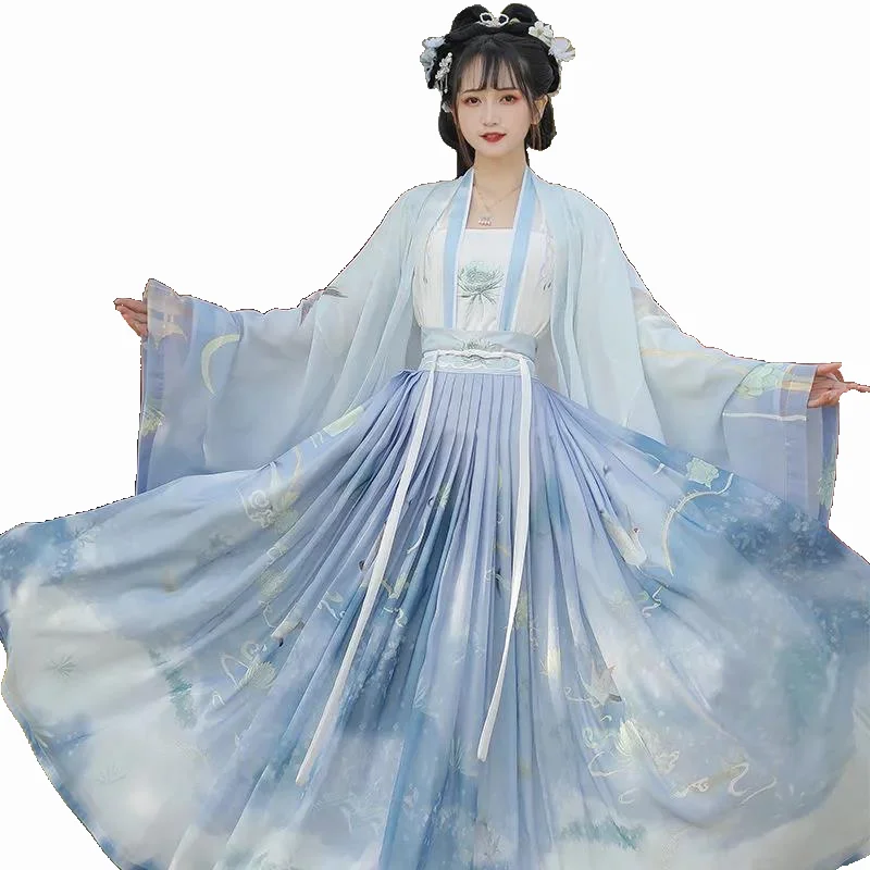 

The New Spring And Summer 4Pcs Chinese Traditional Hanfu Big Skirt Pendulum Two-color Gradient Daily Tang System Embroidered Set