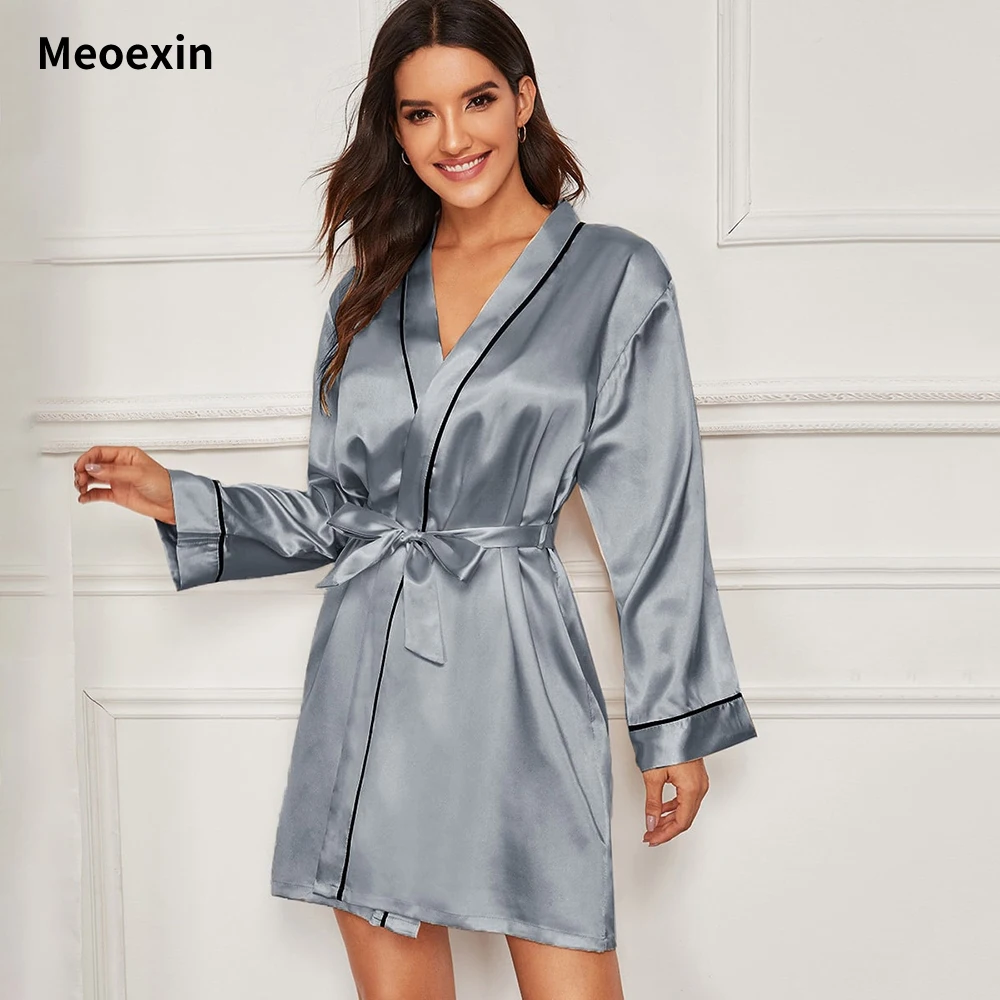 New Sexy Simple solid color Lace Up Robes Pajamas Long Sleeve Cardigan Bathrobe Relaxed Comfortable Casual Soft Satin Homewear