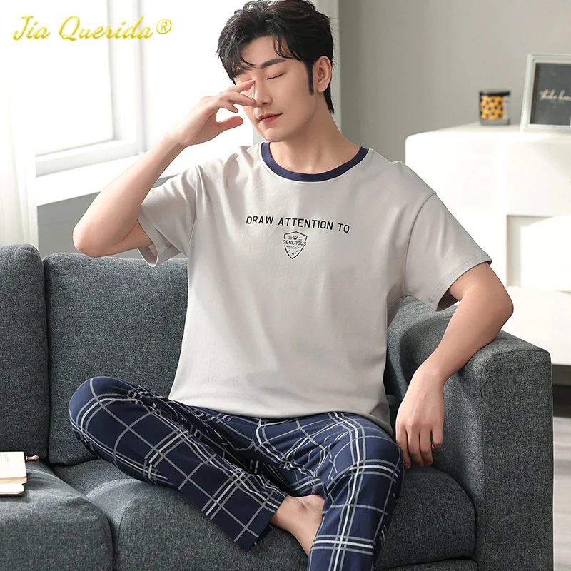 

Элегантные мужские пижамы, летние трикотажные хлопковые пижамы для отдыха для мужчин, с круглым вырезом, с короткими рукавами, длинные штаны, пижамный комплект для джентльмена
