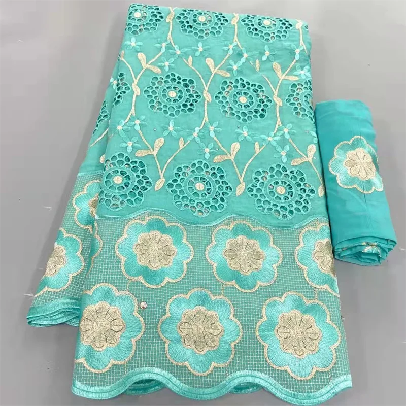 

5+2 Yard Swiss Fabric Latest Heavy Beaded Embroidery African 100% Cotton Voile Lace Popular2022 Dubai Style For wedding Party HL