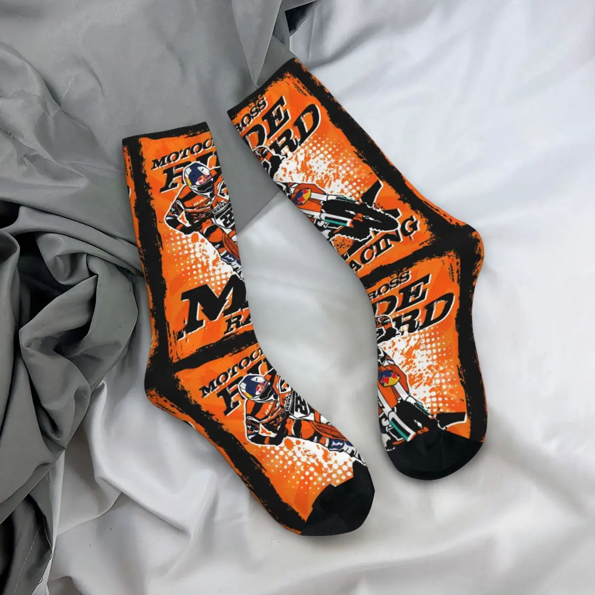 Funny Crazy Compression Sock for Men Moto Cross Racing Hip Hop Harajuku KTM Happy Seamless Pattern Printed Boys Crew Sock
