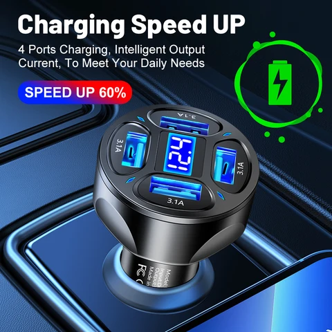 Автомобильное зарядное устройство 15 Вт, 4 порта USB-зарядное устройство, адаптер для быстрой зарядки мобильного телефона для iPhone 15 Xiaomi 3.1A, быстрая зарядка в автомобиле