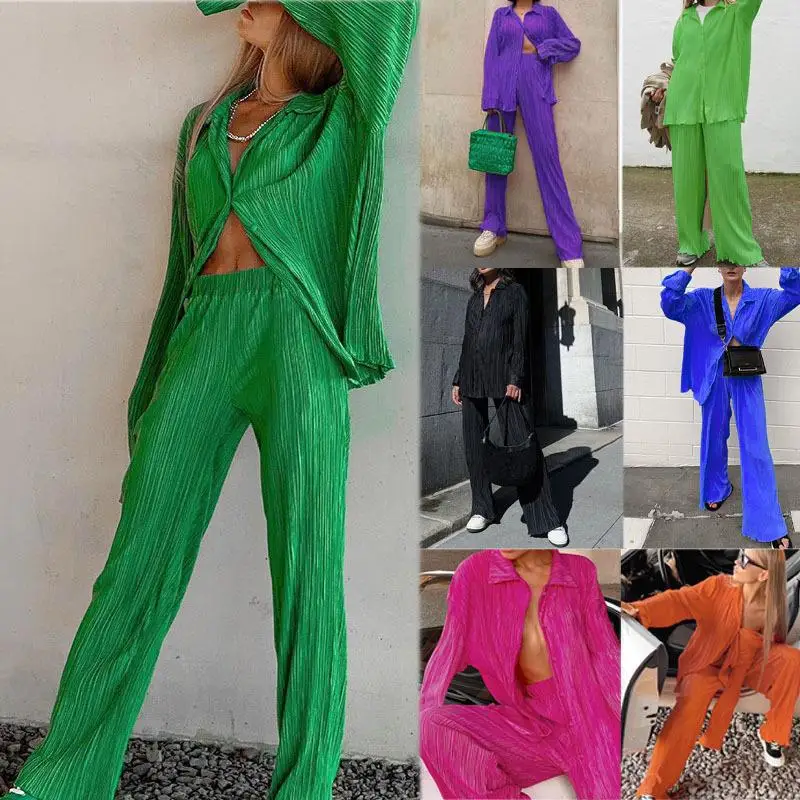 

CM.YAYA Street Women's Set Long Sleeve Shirt Tops and Wide Leg Pants Elegant Tracksuit Two Piece Set Sweatsuit Fitness Outfits